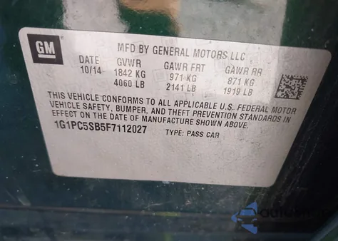 2015 Chevrolet Cruze 1Lt Auto из США, поврежденный, VIN 1G1PC5SB5F7112027